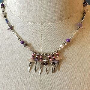 Silver tone rose quartz amethyst chip necklace
